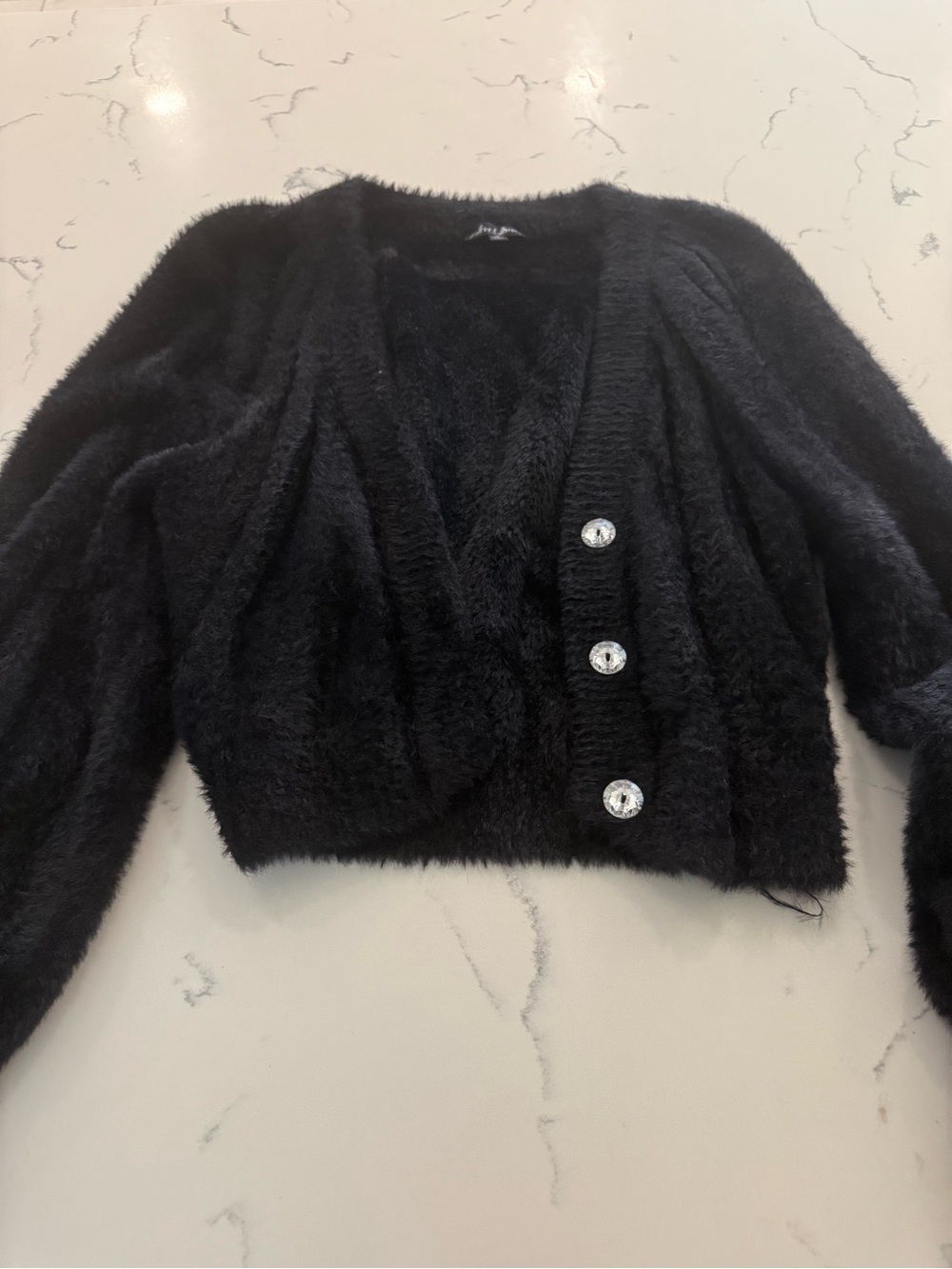 For Love And Lemons Black Fuzzy Cropped Cardigan with Jewel Buttons
